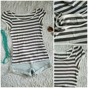 Grey & White Striped Puff Sleeve Top S