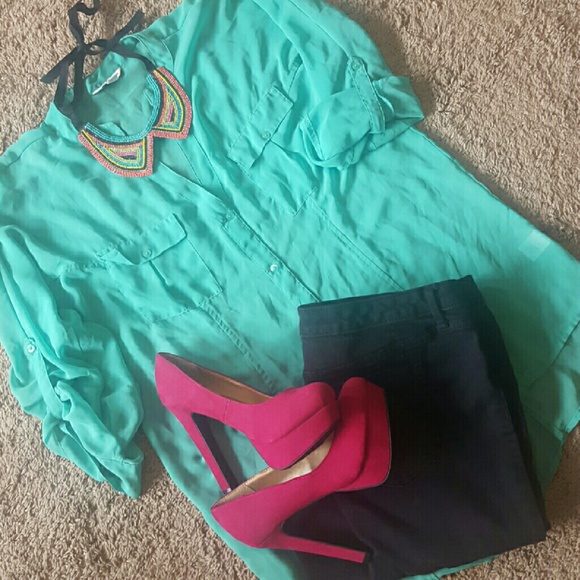 *MUST GO TODAY* Sheer Turquoise Button Up Blouse
