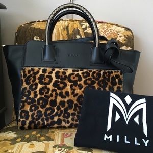 Milly Logan Black Leopard-Print Calf Hair Tote Bag
