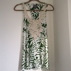 Anthropologie green and white embroidered top