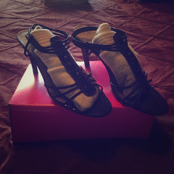 Black strappy open toe heels