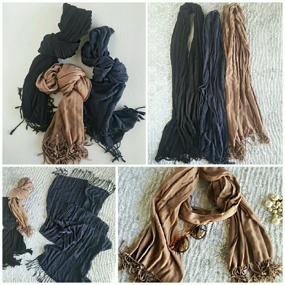 Fringe Scarves 3-pc-Tan, Charcoal, Black