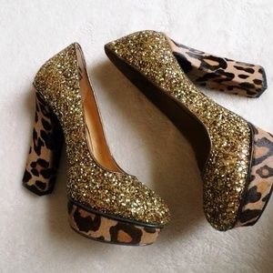Sparkly heels with leopard faux fur platform