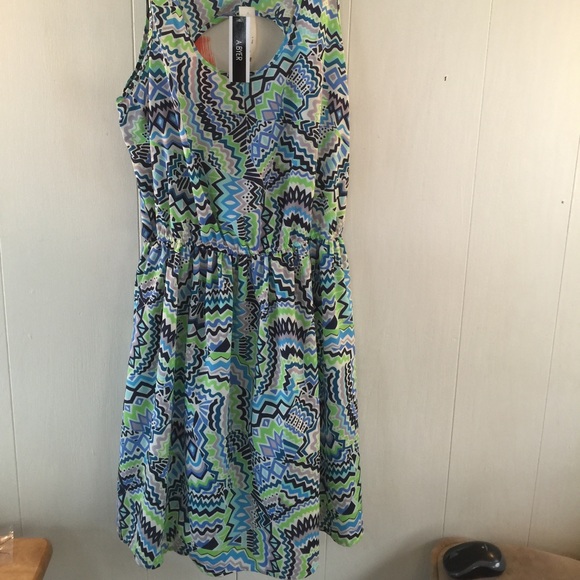 Blue and neon green printed dress