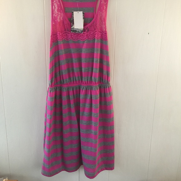 Hot pink and grey striped dress - Picture 1 of 4