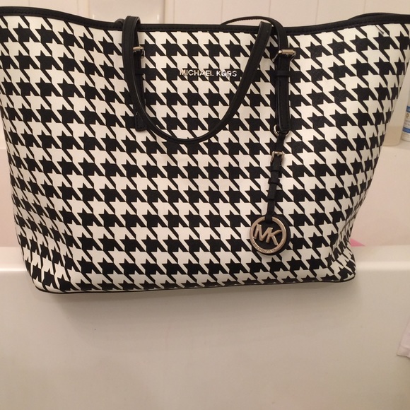 MK black and white houndstooth Saffiano tote