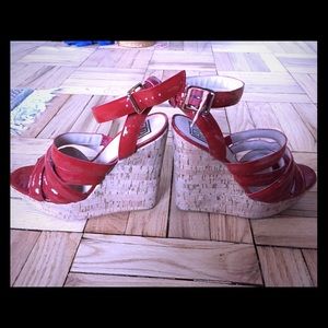 Red Patent Leather scrappy cork platform wedges