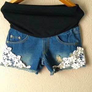 Maternity Jean shorts with crochet and bead accent
