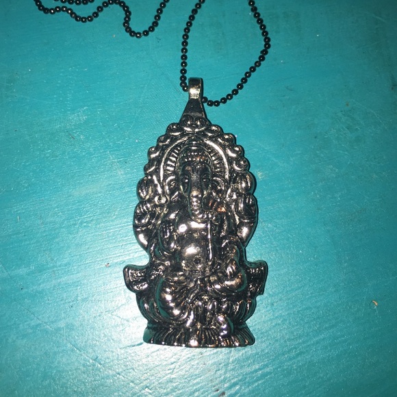 Hindu God Ganesha Pendant On Black Bead Chain