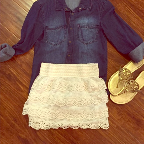 Cream lace skirt.