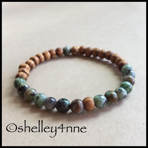 African Turquoise & Zebra Wood Stretch Bracelet