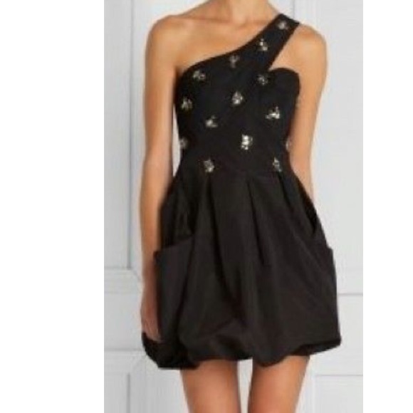 BCBG MAXAZRIA One Shoulder Beaded Taffeta Dress