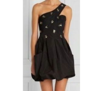 BCBG MAXAZRIA One Shoulder Beaded Taffeta Dress