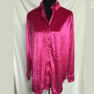 Hot pink velvet buttonfront blouse shirt, M fits L