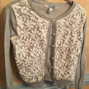 Forever 21 Gray and White Flower Cardigan Sweater