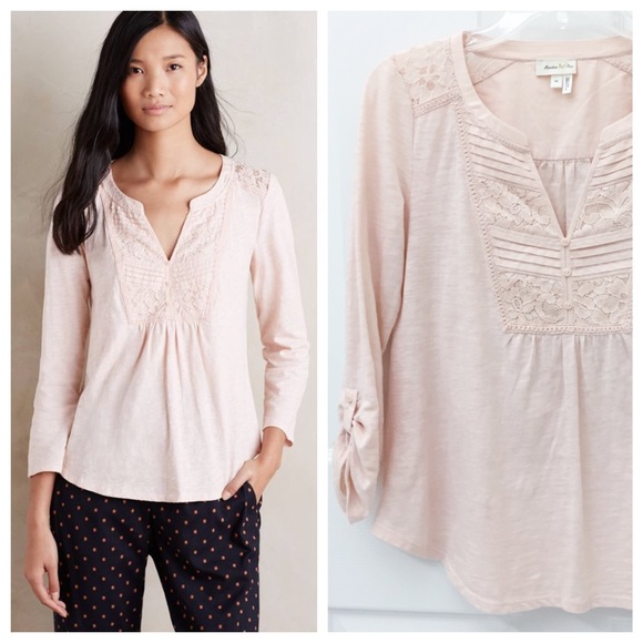 Anthropologie Anona Lace Bib Tee Top Blush Pink