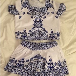 Blue and white crop top short set