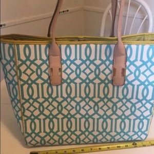 Kate Landry Aqua Off White W/ Yellow Trim Tote Bag
