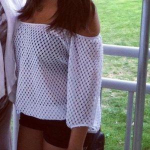 white long sleeve off the shoulder top