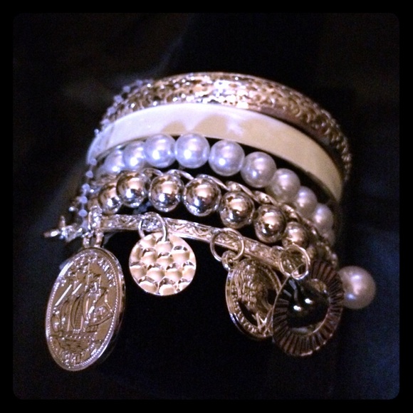Silver & white multi style bangle set