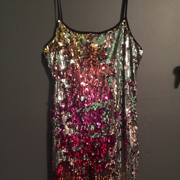 Red/pink/peach/silver sequin cocktail dress!
