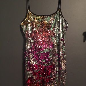 Red/pink/peach/silver sequin cocktail dress!