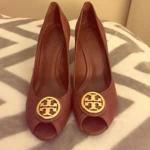 Tory Burch Brown Peep Toe Wedge Pumps