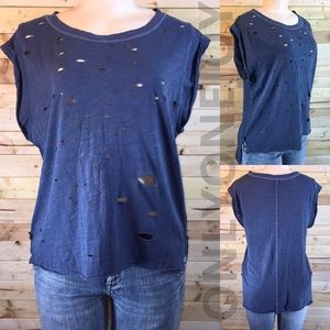 FREE PEOPLE SHREDDED DESTROYED MUSCLE NAVY TEE