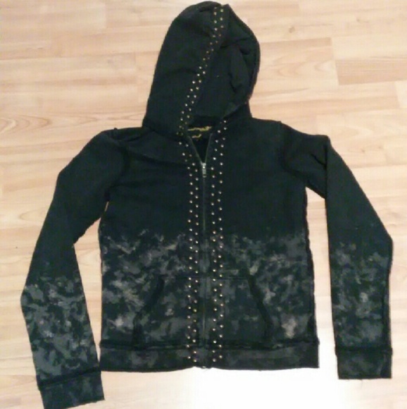 Acid Washed Bronze Studded Distressed Zip Hoodie