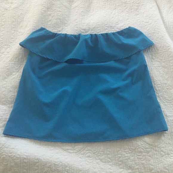 Blue Ruffled Strapless Top