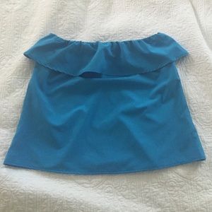 Blue Ruffled Strapless Top