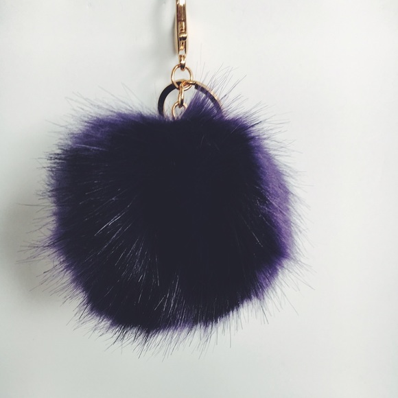 Purple W Faux Fur Pom Pom Keychain - Picture 2 of 3