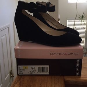 Bandolino Black Suede Ankle Strap Wedges