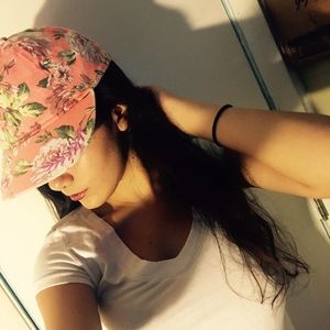 Floral, blush pink cap.