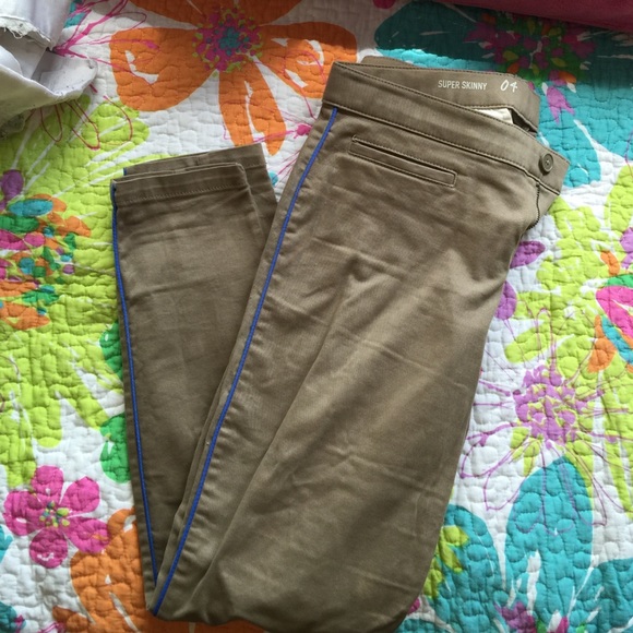 Khaki pants with blue pinstripe down the leg