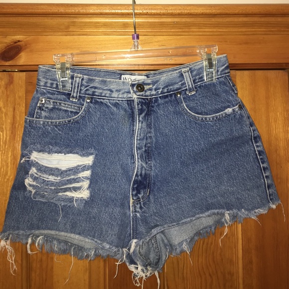 Medium wash high-waisted distressed jean shorts