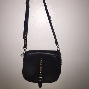 Black leather, leopard print interior shoulder bag