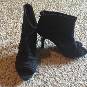 Black suede peep toe booties