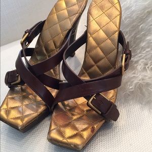 YVes Saint Laurent wood gold sandals heels YVes Saint Laurent wood gold sandals heels