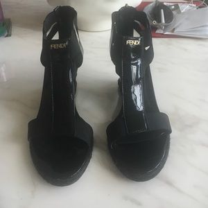 100 % Authentic Fendi Patent Black T-Strap Wedge!