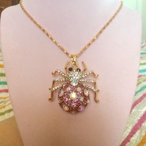 Pink and clear crystal spider necklace