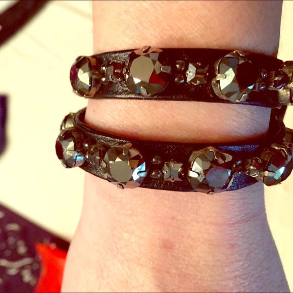 Tory Burch Black Leather with Stone Wrap Bracelet