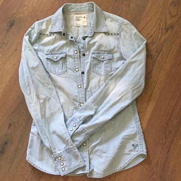 AE pearl snap, denim shirt.