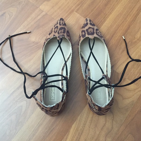 Topshop ghillie lace up leopard flats sz 6.5/37