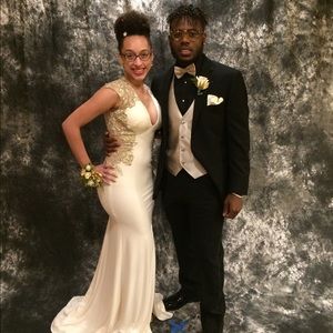 White and gold prom dress