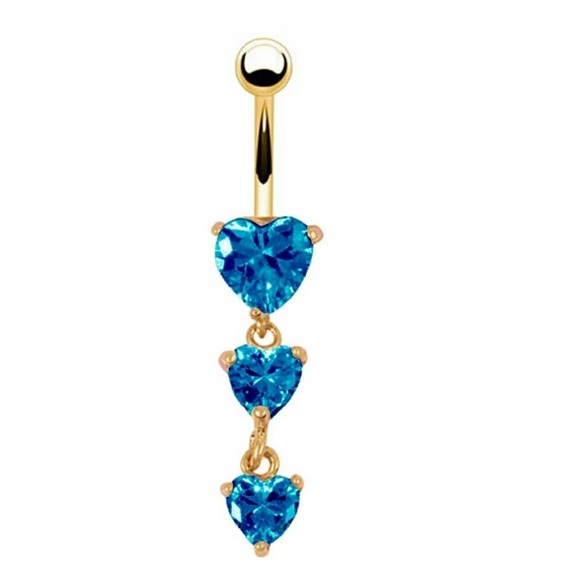 3 blue hanging heart belly button ring