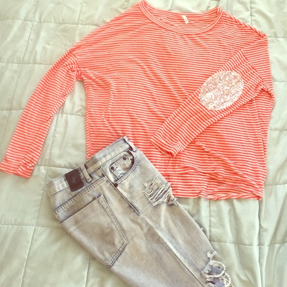 Coral Stripe Boyfriend Top with Sequin elbows. New