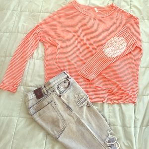 Coral Stripe Boyfriend Top with Sequin elbows. New