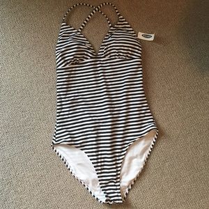Old navy size black and white striped swimsuit