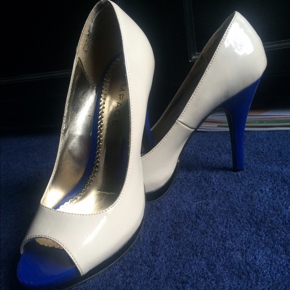 Open toe platform heels, 4", cream/royal blue
